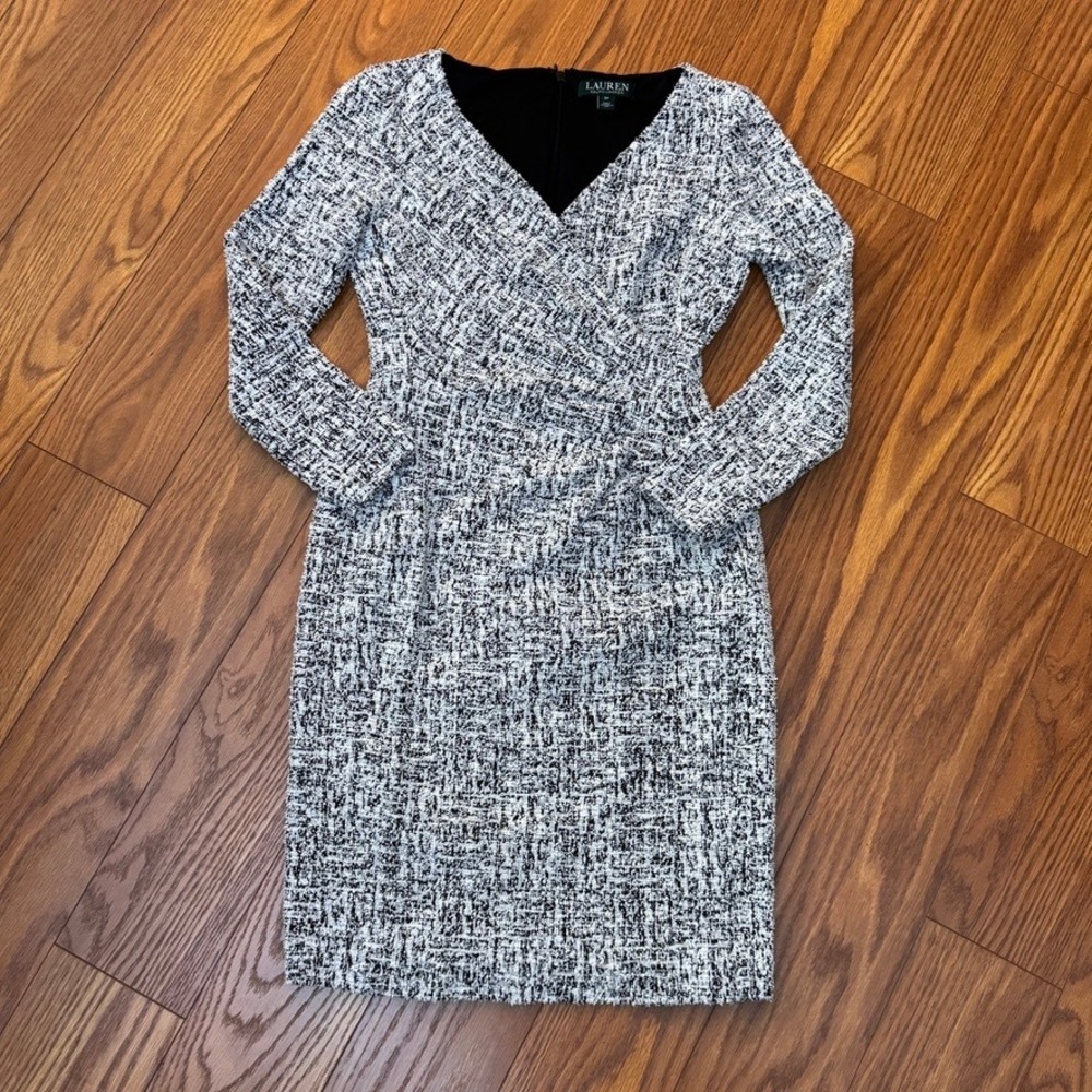 Lauren Ralph Lauren Black White Tweed Surplice Sheath Dress 2P Long Sleeve